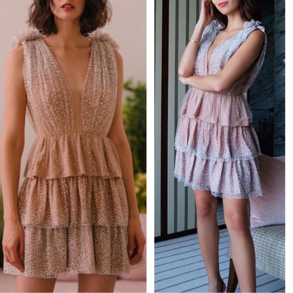 SAU LEE Beth Tiered Tulle Deep V Ruffle Glitter Nude Mini Dress Size 4
